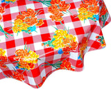 round gingham and flowers red oilcloth tablecloth close up