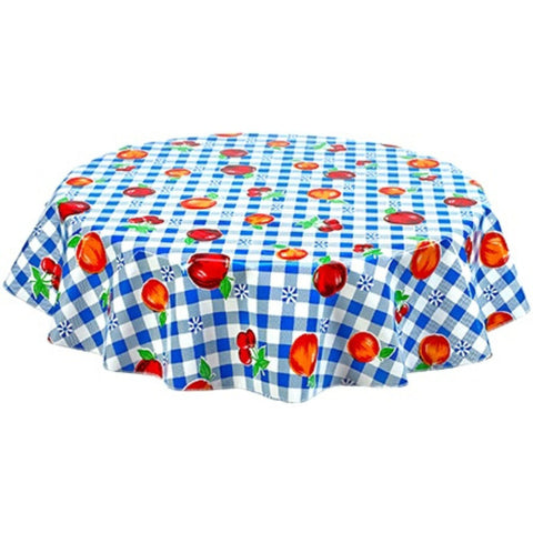 round gingham and fruit blue oilcloth tablecloth