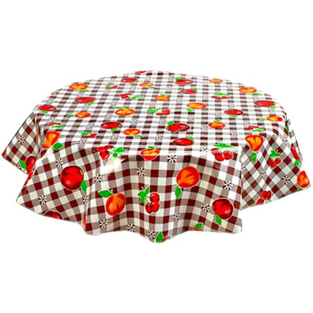 round gingham and fruit brown oilcloth tablecloth