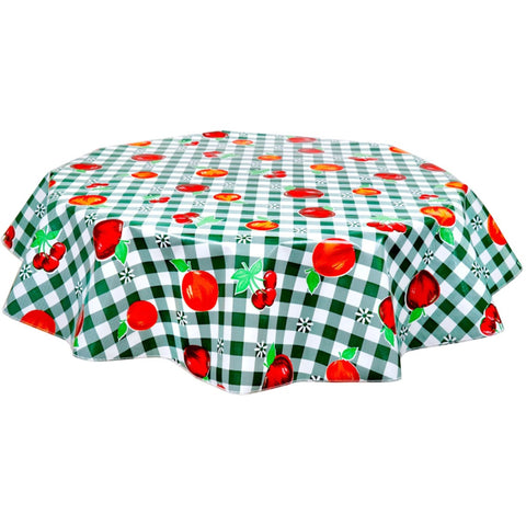 round gingham and fruit dark green oilcloth tablecloth