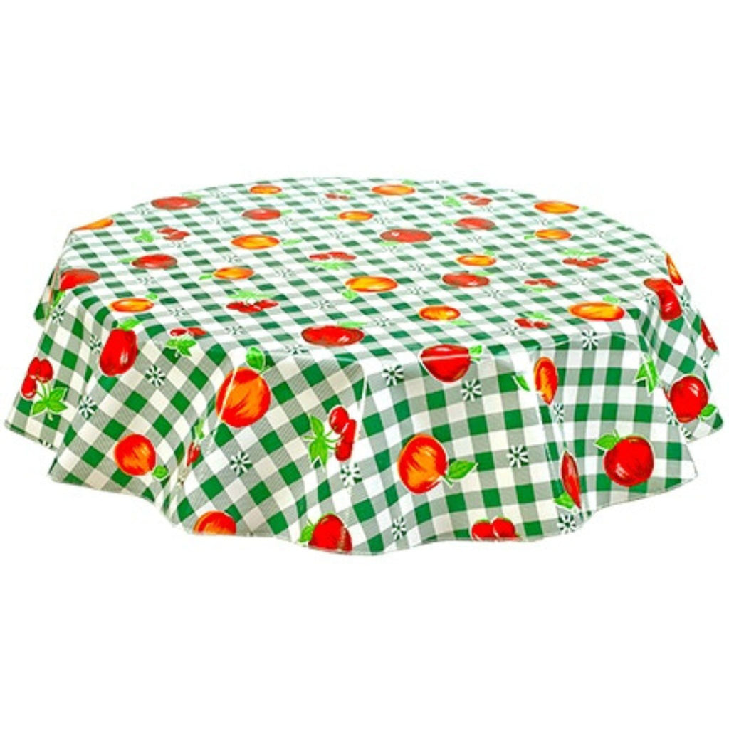 freckled sage round gingham and fruit green oilcloth tablecloth
