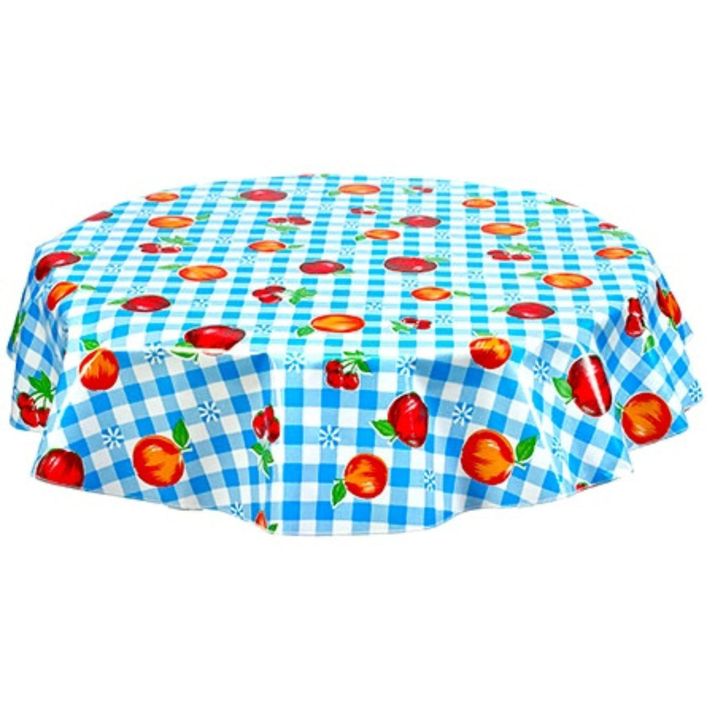 round gingham and fruit light blue oilcloth tablecloth