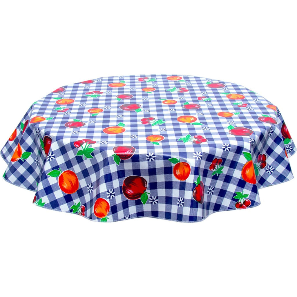 round gingham and fruit navy blue oilcloth tablecloth