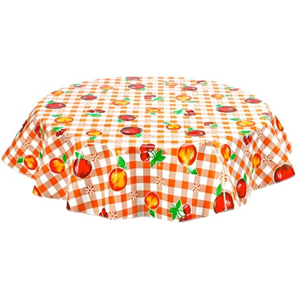 round gingham and fruit orange oilcloth tablecloth