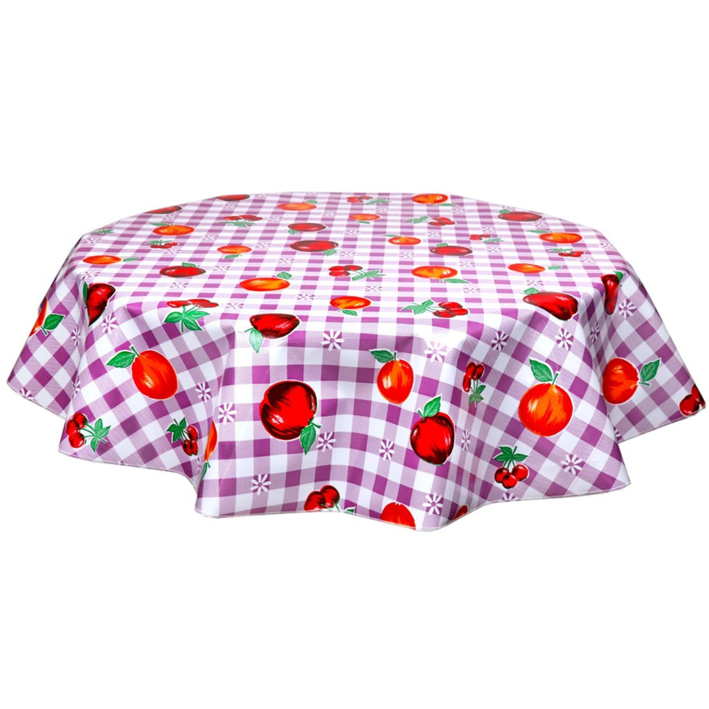 round gingham and fruit purple oilcloth tablecloth