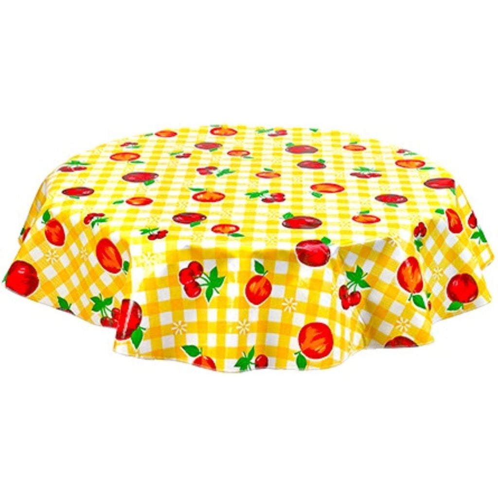 round gingham and fruit yellow oilcloth tablecloth