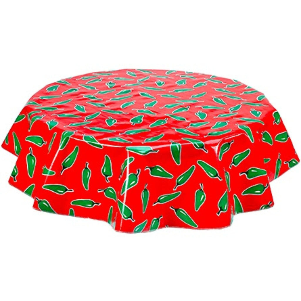 freckled sage round jalapenos on red oilcloth tablecloth