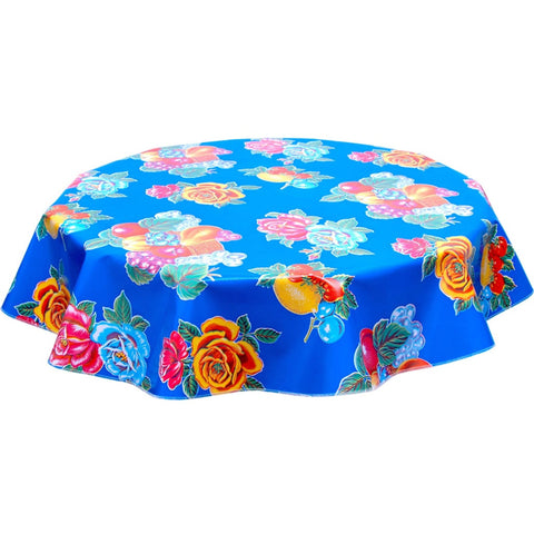 round lemons and roses blue oilcloth tablecloth