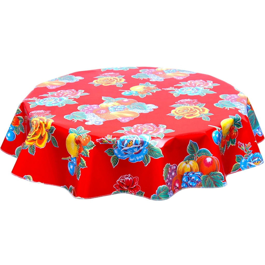 round lemons and roses red oilcloth tablecloth