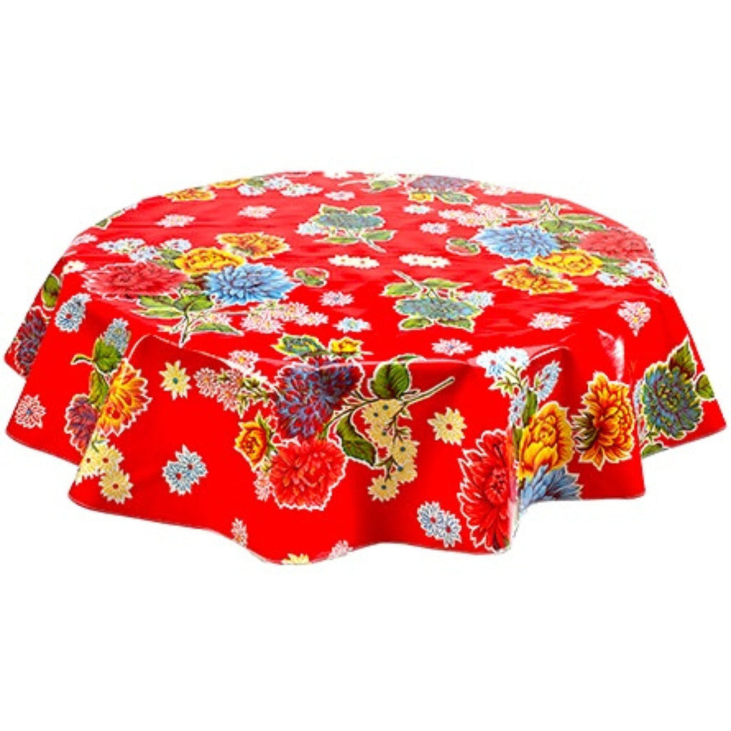 freckled sage round mum red oilcloth tablecloth