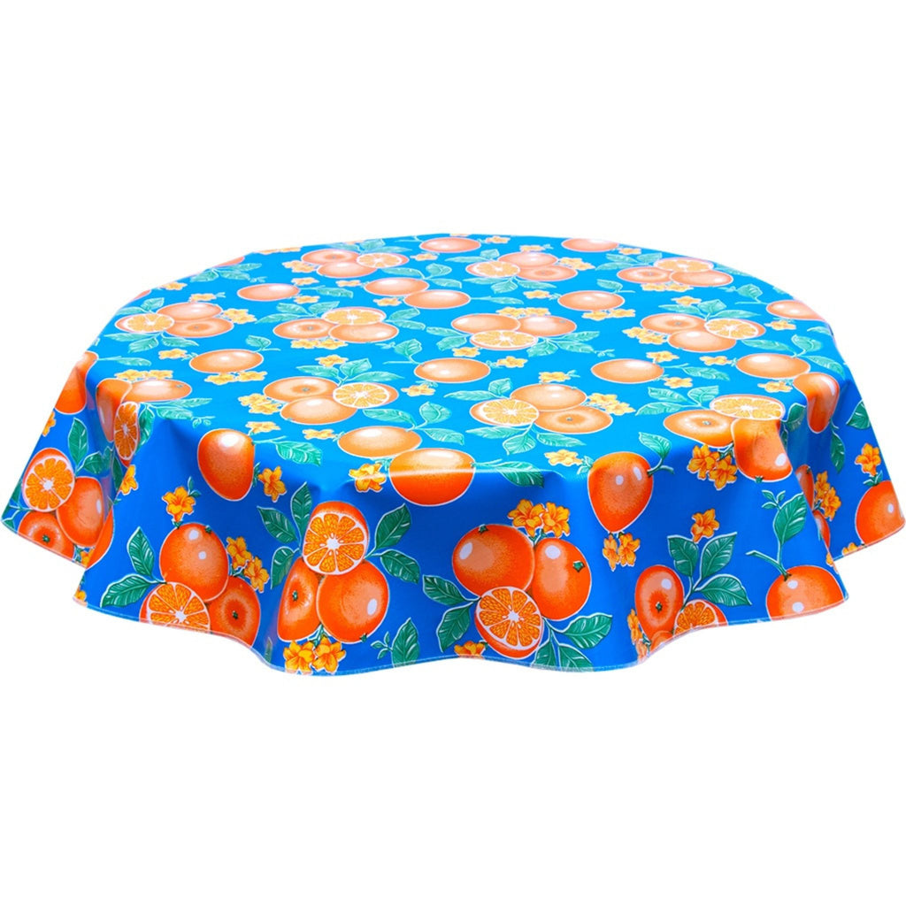 freckled sage round oranges blue oilcloth tablecloth