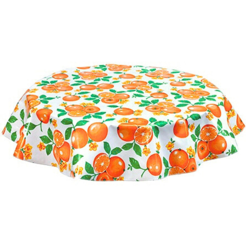 round oranges white oilcloth tablecloth