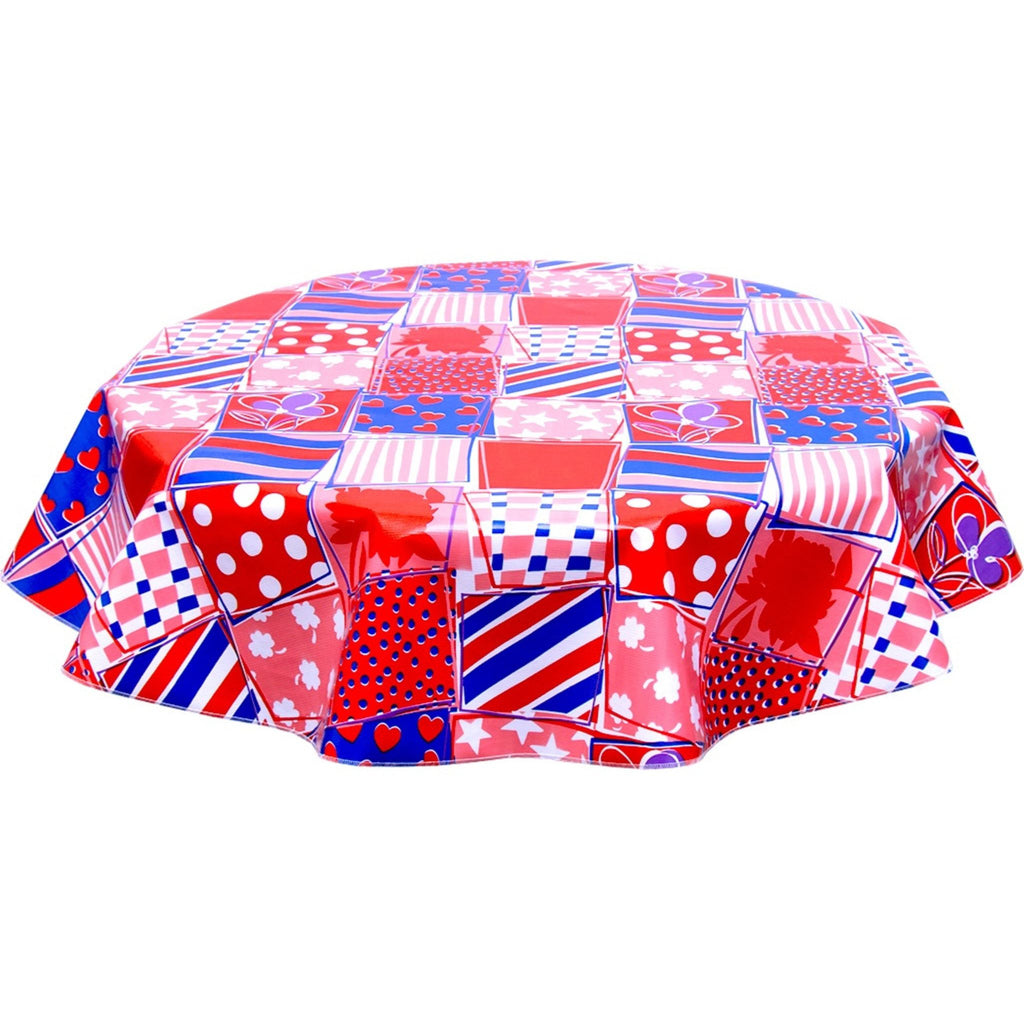 round patchwork red oilcloth tablecloth