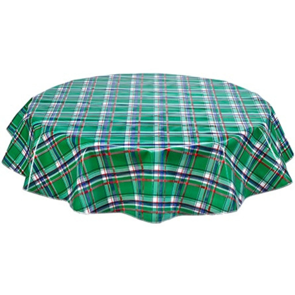 freckled sage round plaid green and navy oilcloth tablecloth