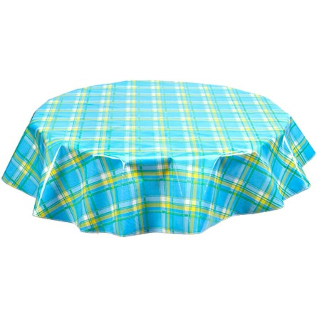 freckled sage round plaid light blue and yellow oilcloth tablecloth
