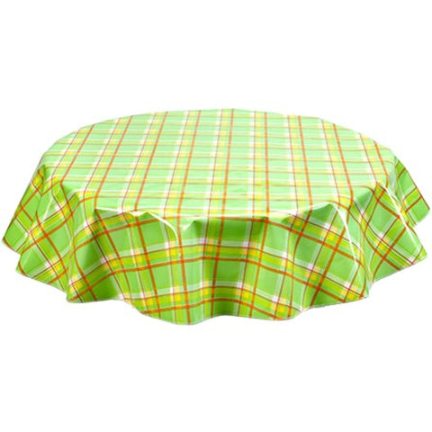round plaid lime green and orange oilcloth tablecloth