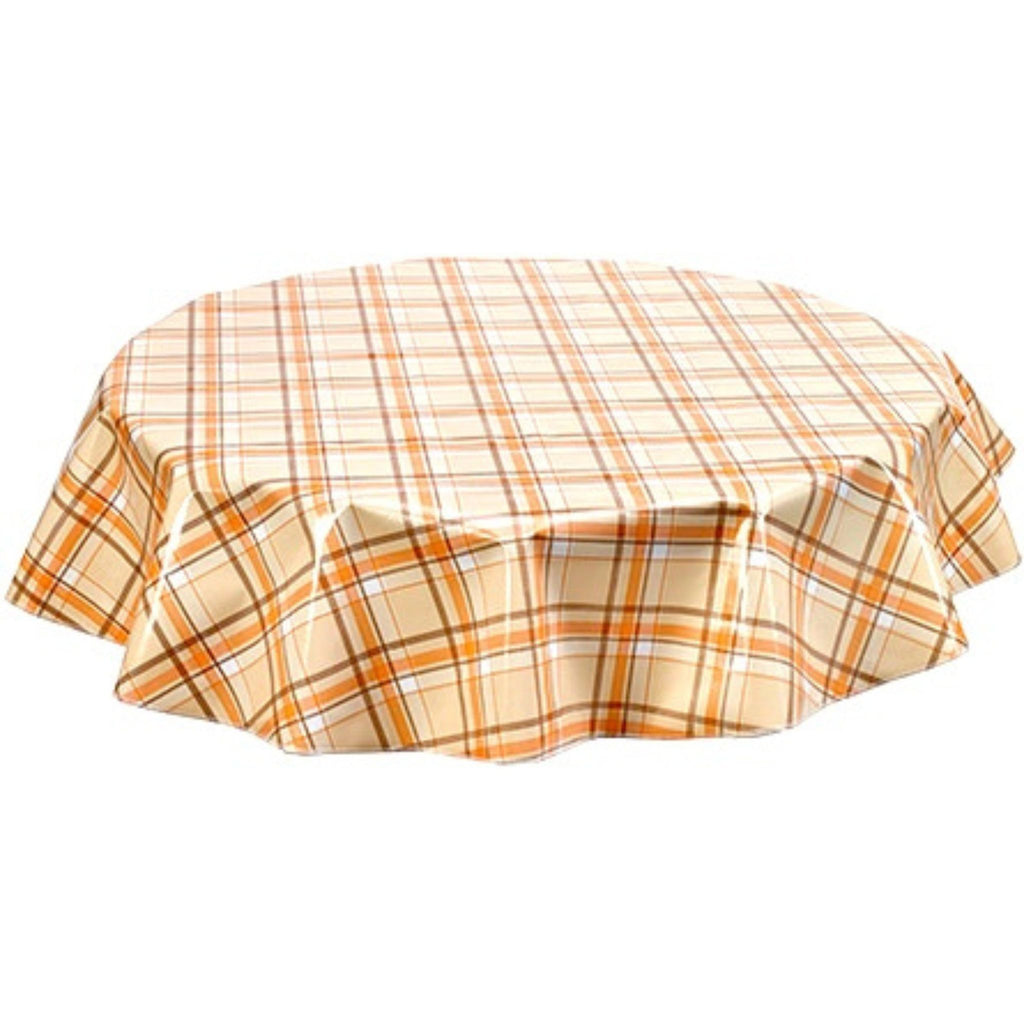 freckled sage round plaid orange and tan oilcloth tablecloths
