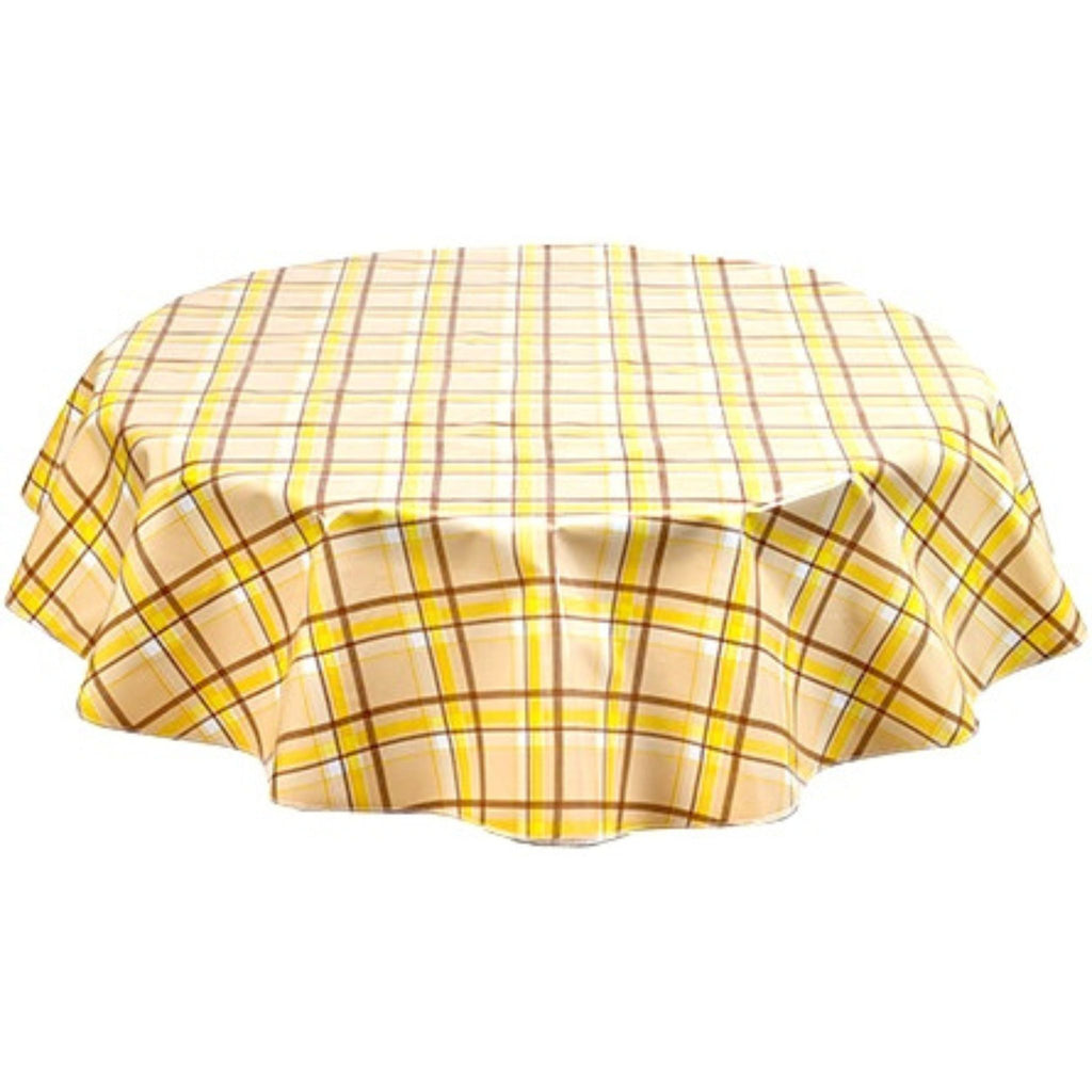 freckled sage round plaid yellow and tan oilcloth tablecloth
