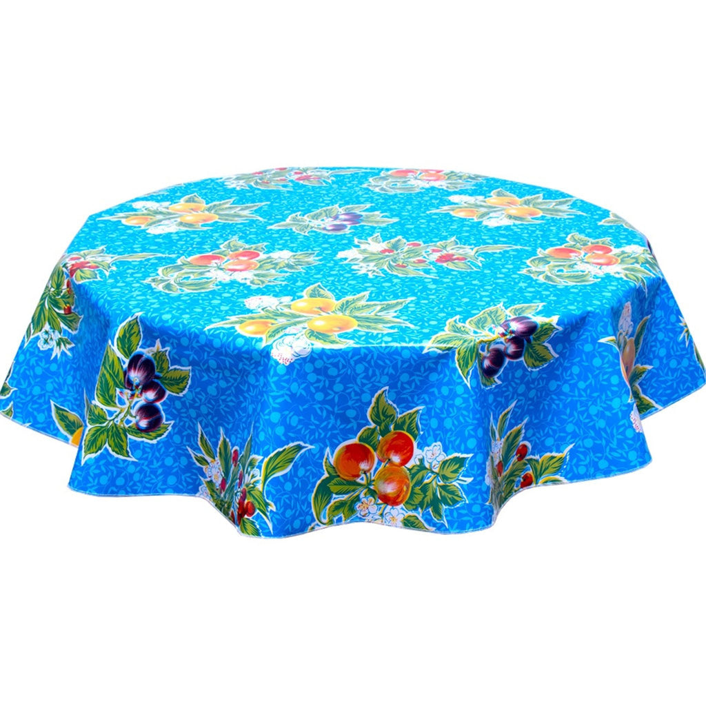 round plum blue oilcloth tablecloth