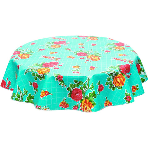 round rose and grid aqua oilcloth tablecloth