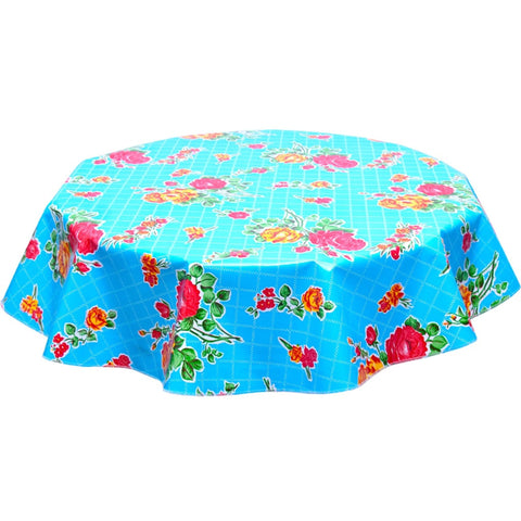 round rose and grid light blue oilcloth tablecloth