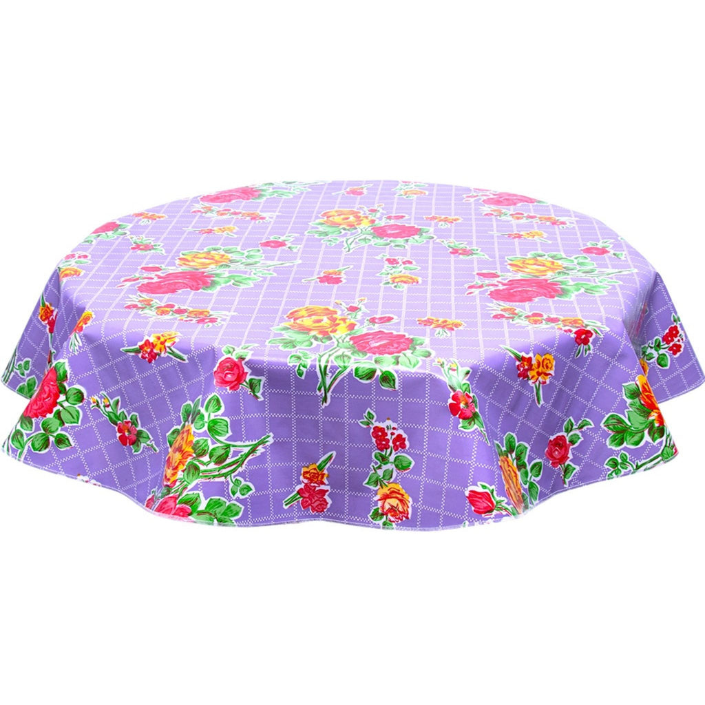 freckled sage round rose and grid purple oilcloth tablecloth