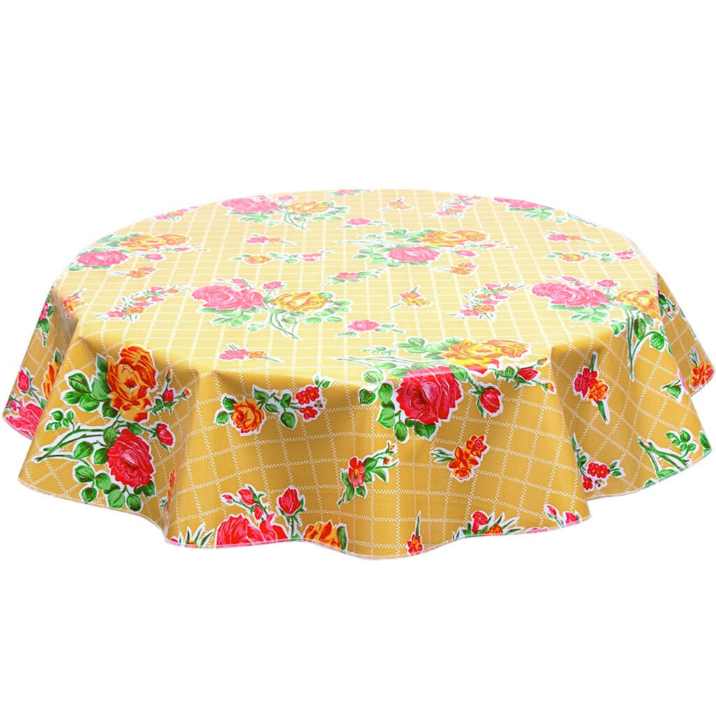 round rose and grid tan oilcloth tablecloth