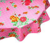 round rose and grid pink oilcloth tablecloth close up