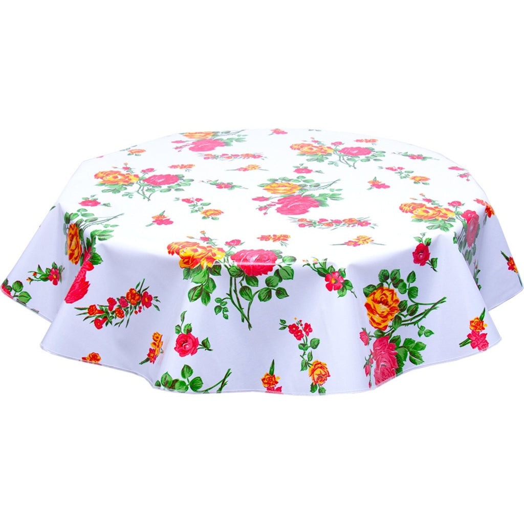 round rose and grid white oilcloth tablecloth