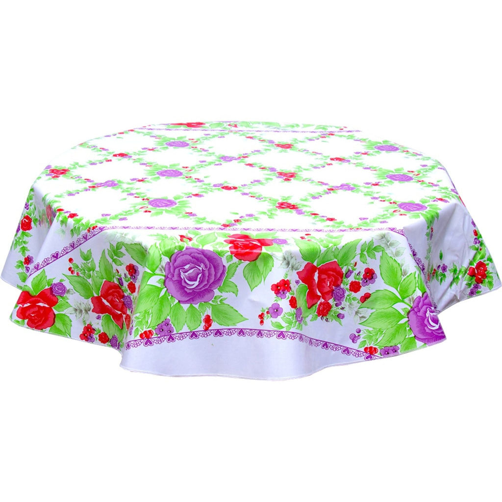 round english roses purple oilcloth tablecloth