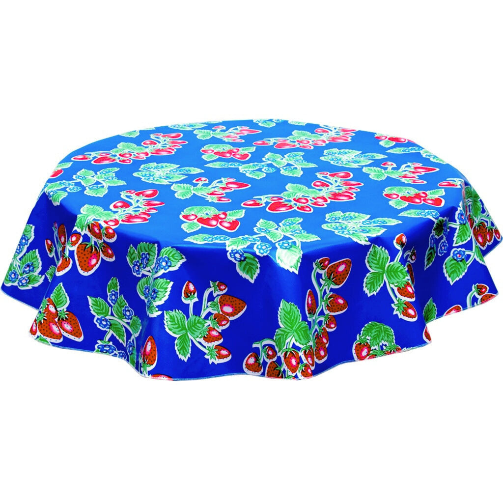 freckled sage round strawberry blue oilcloth tablecloth