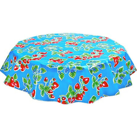 round strawberry light blue oilcloth tablecloth