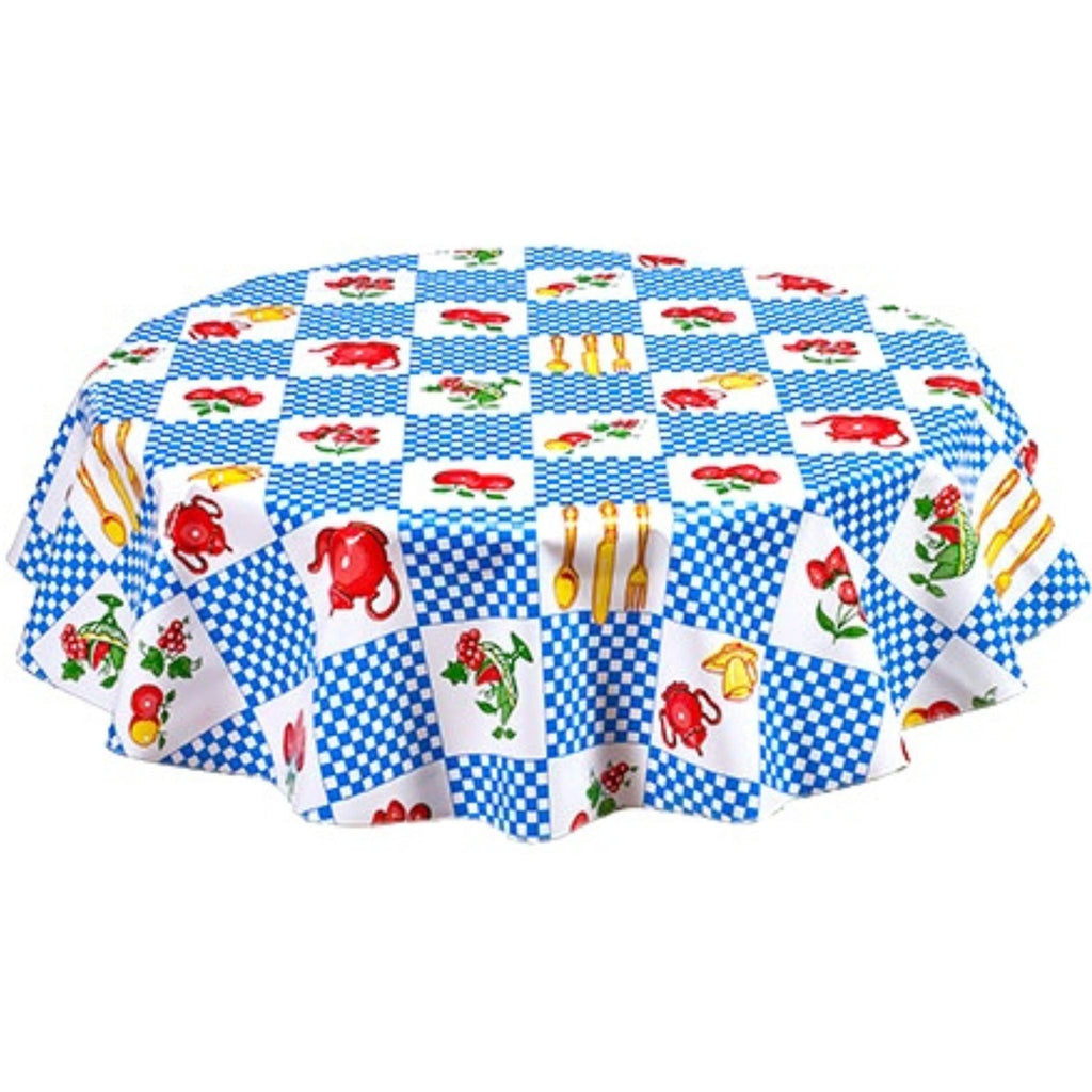 round teapot blue oilcloth tablecloth