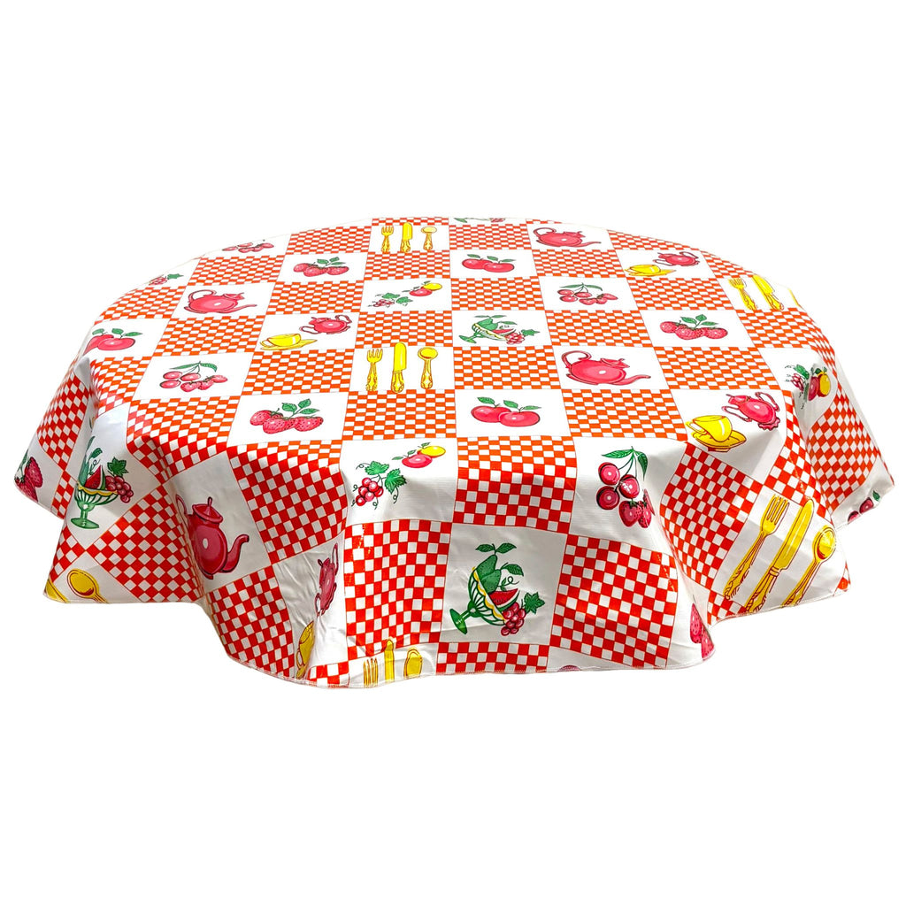 round teapot orange oilcloth tablecloth