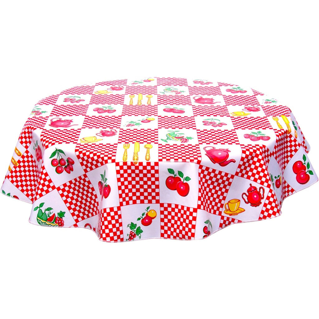 round teapot red oilcloth tablecloth