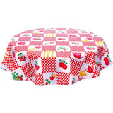 round teapot red oilcloth tablecloth