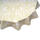 round toile gold oilcloth tablecloth close up