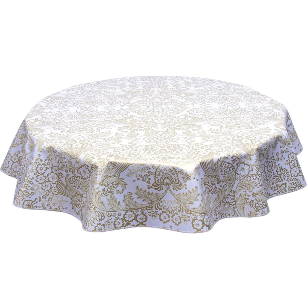 round toile gold oilcloth tablecloth