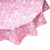 round toile pink oilcloth tablecloth close up