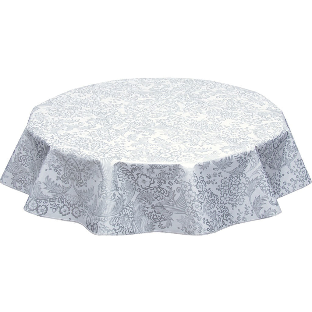 round toile silver oilcloth tablecloth