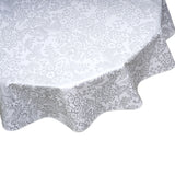 round toile silver oilcloth tablecloth closeup