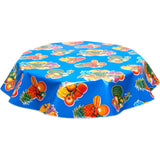 freckled sage round tropical fruit blue oilcloth tablecloth