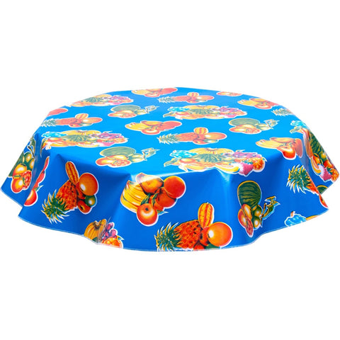 freckled sage round tropical fruit blue oilcloth tablecloth