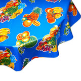 freckled sage round tropical fruit blue oilcloth tablecloth