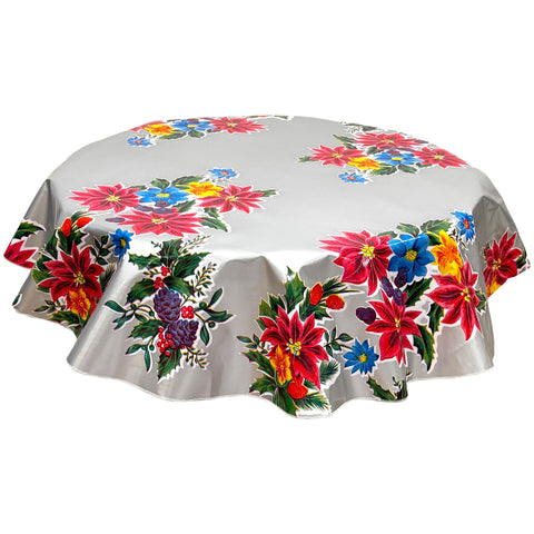 Round Christmas Poinsettia Silver Oilcloth Tablecloths
