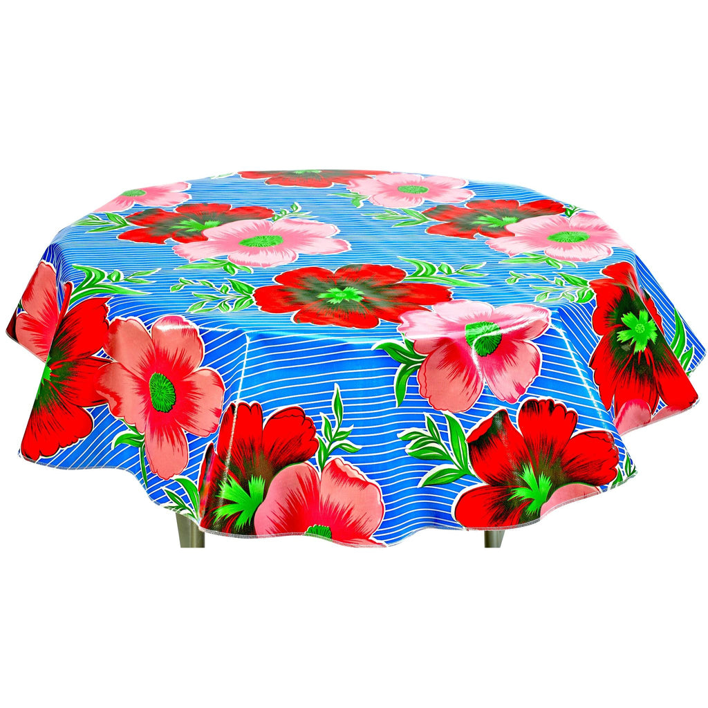 round big flowers and stripes blue oilcloth tablecloth
