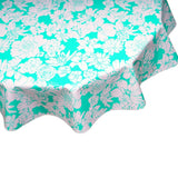 round chelsea on aqua oilcloth tablecloth close up