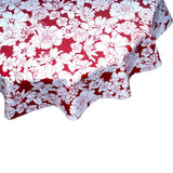round chelsea on burgundy oilcloth tablecloth close up