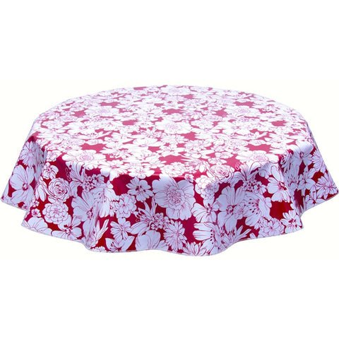 round chelsea on burgundy oilcloth tablecloth