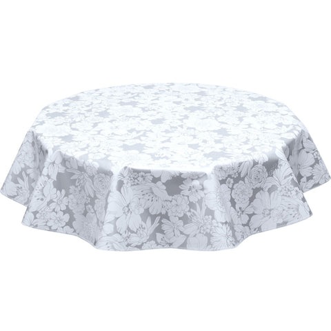 round chelsea flowers on silver oilcloth tablecloth